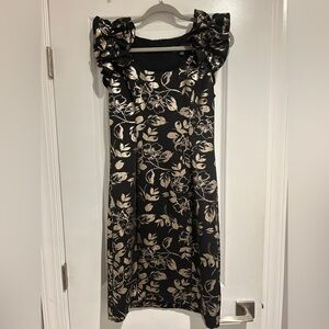Donna Ricco womens ruffle-shoulder midi dress in a black and gold floral pattern